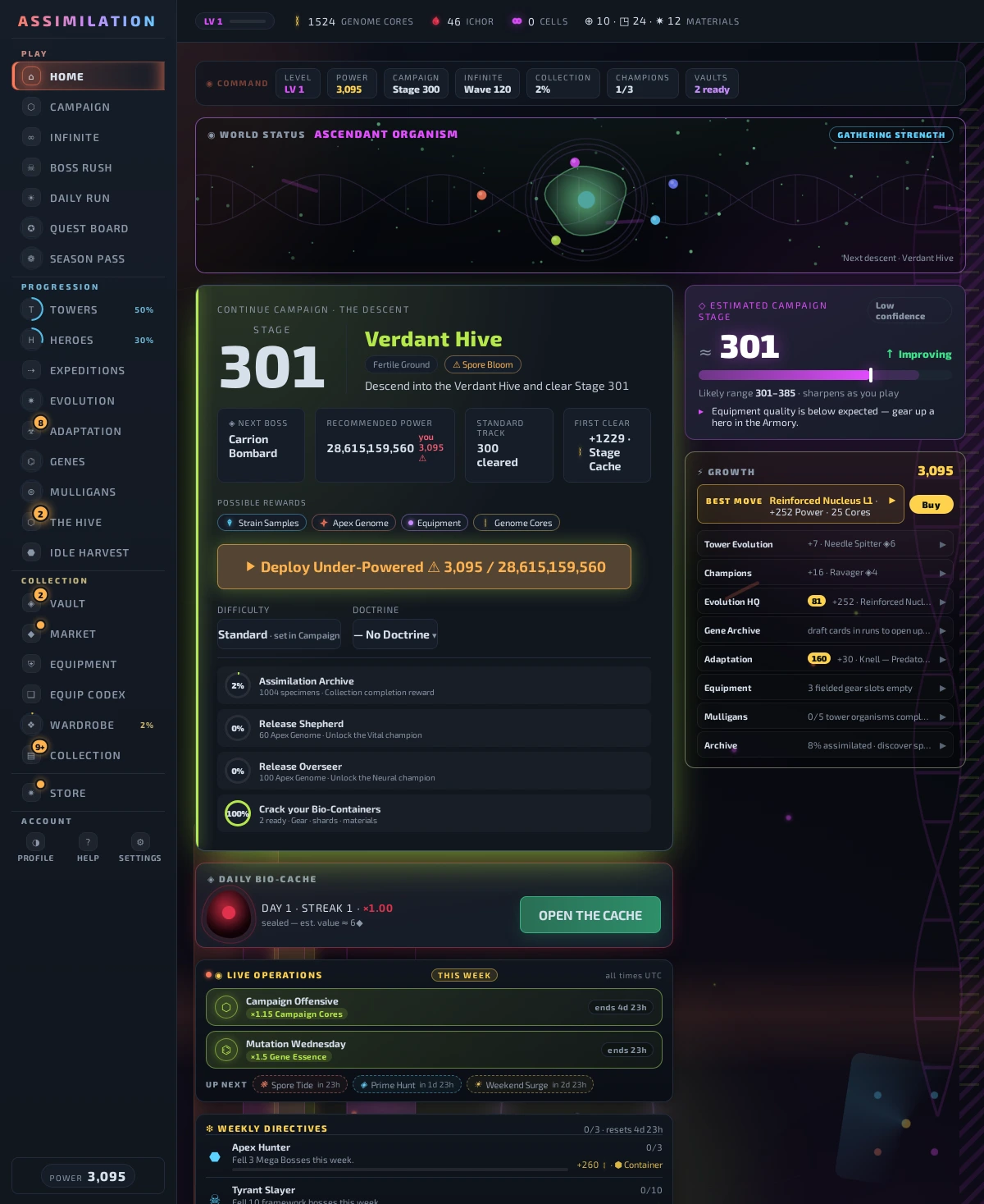 The Command Center home screen with the living world status organism